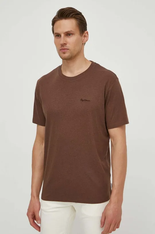Pepe Jeans t-shirt z domieszką lnu brązowy