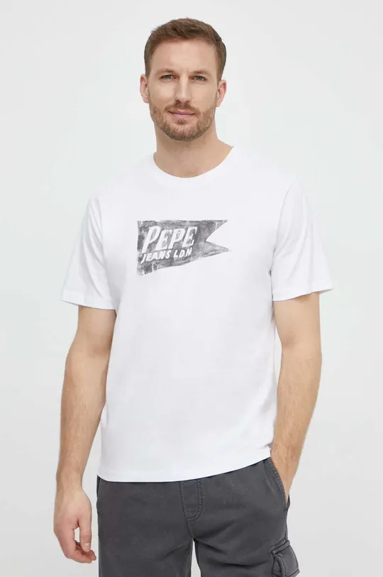 λευκό Βαμβακερό μπλουζάκι Pepe Jeans SINGLE CARDIFF Ανδρικά