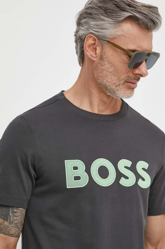 Bombažna kratka majica Boss Green siva