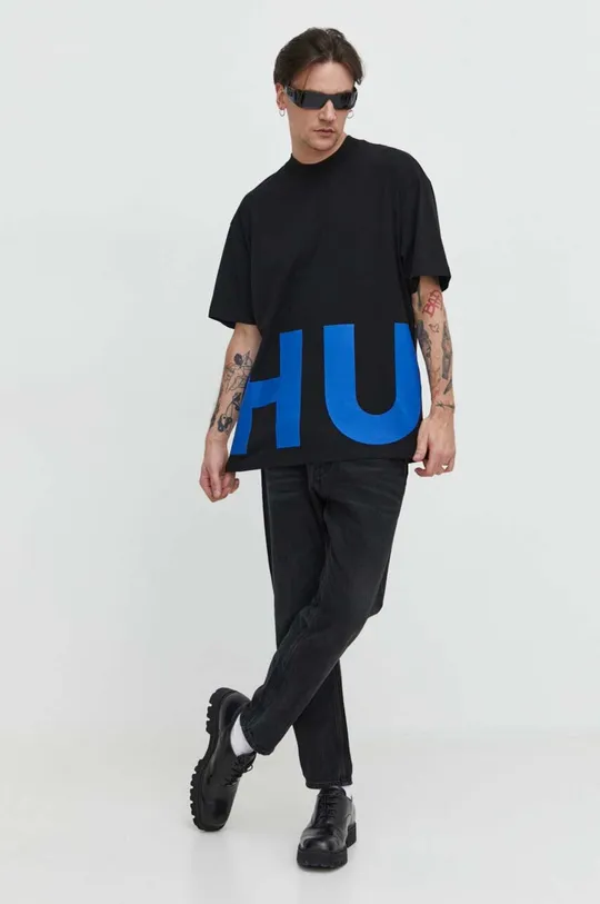 Bombažna kratka majica Hugo Blue črna