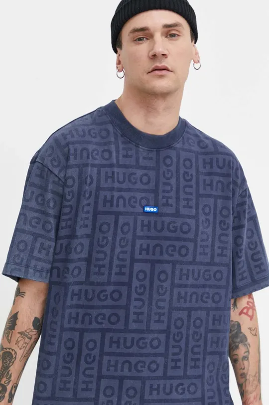 тёмно-синий Хлопковая футболка Hugo Blue