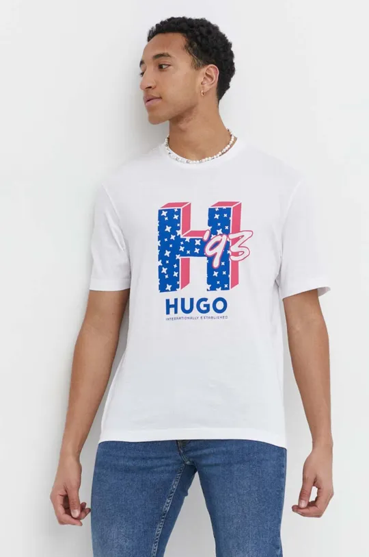 bela Bombažna kratka majica Hugo Blue Moški
