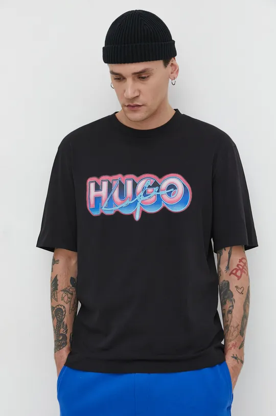 μαύρο Βαμβακερό μπλουζάκι Hugo Blue