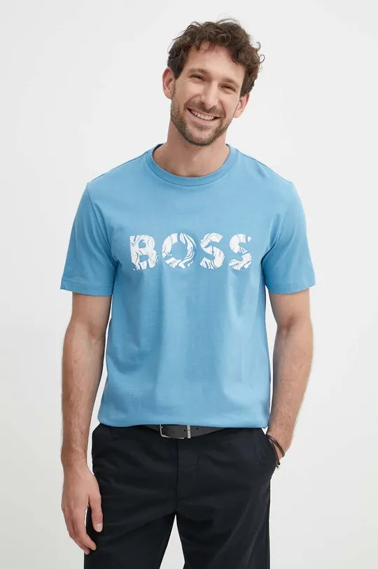 голубой Хлопковая футболка Boss Orange Мужской