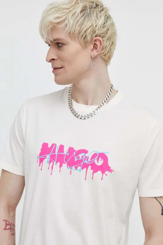 beżowy HUGO t-shirt bawełniany Męski