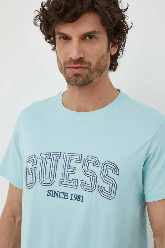 modrá Bavlnené tričko Guess Pánsky