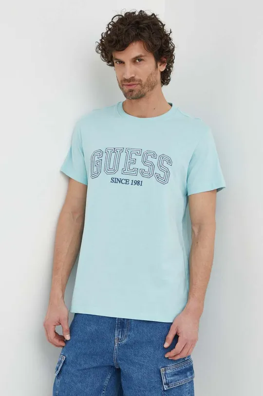голубой Хлопковая футболка Guess