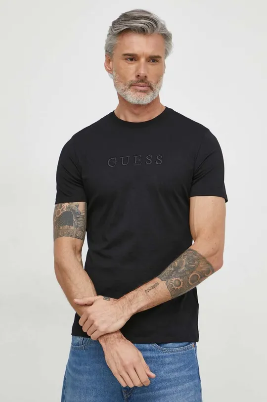 Βαμβακερό μπλουζάκι Guess μαύρο