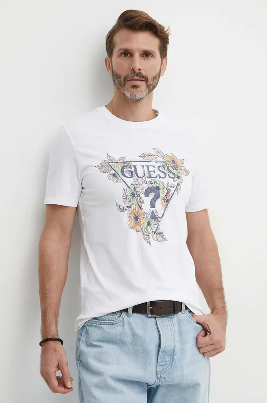 biały Guess t-shirt bawełniany FLOWERS Męski