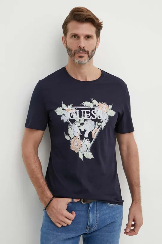 granatowy Guess t-shirt bawełniany FLOWERS Męski