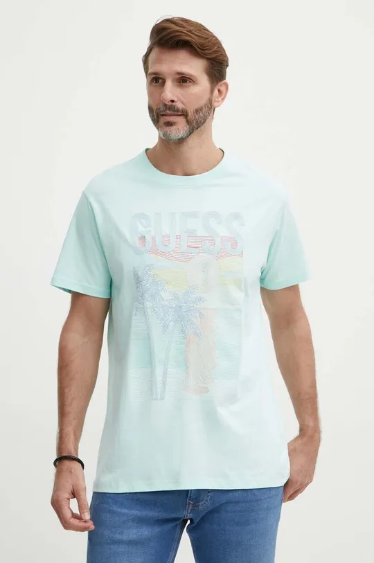 tyrkysová Bavlnené tričko Guess Pánsky