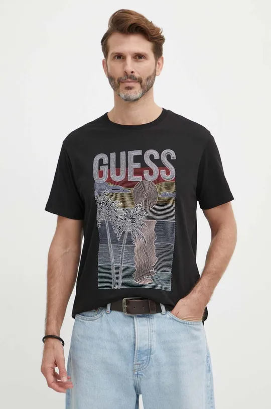 μαύρο Βαμβακερό μπλουζάκι Guess