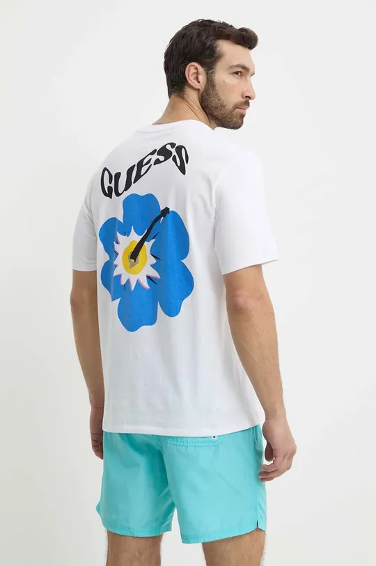 λευκό Βαμβακερό μπλουζάκι Guess FLOWER Ανδρικά