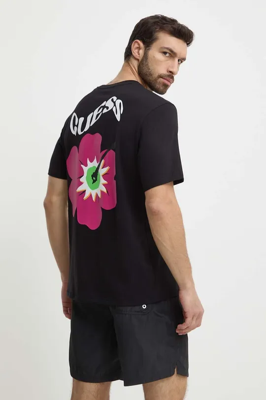 czarny Guess t-shirt bawełniany FLOWER Męski