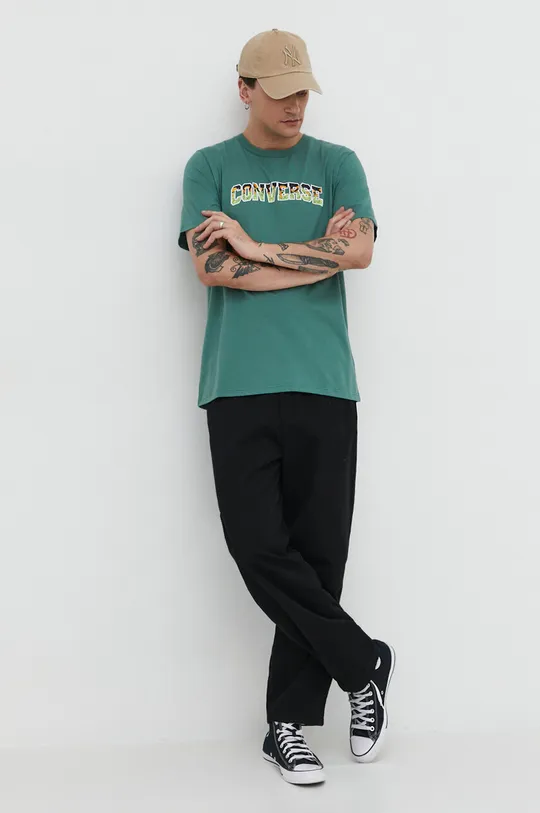 Βαμβακερό μπλουζάκι Converse πράσινο