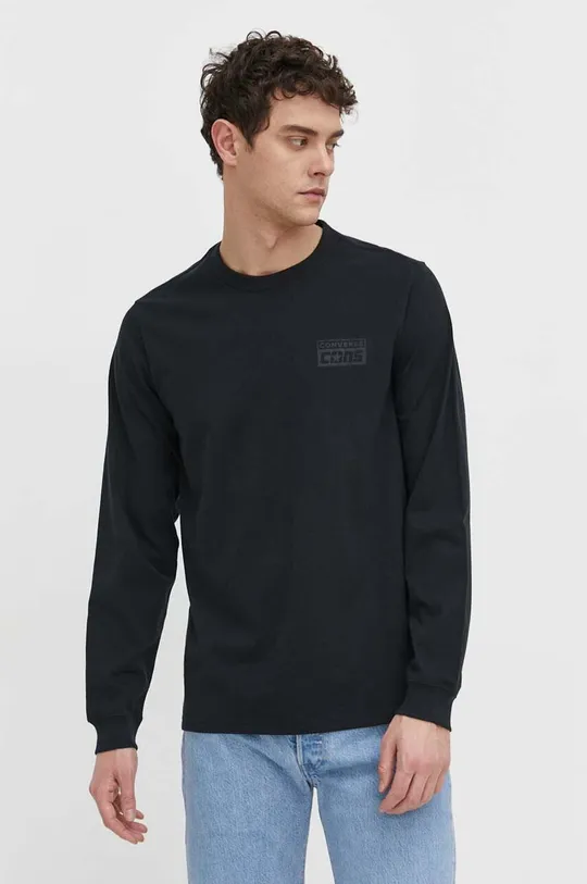 črna Bombažna majica z dolgimi rokavi Converse Moški