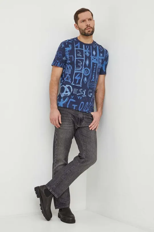Βαμβακερό μπλουζάκι Desigual σκούρο μπλε