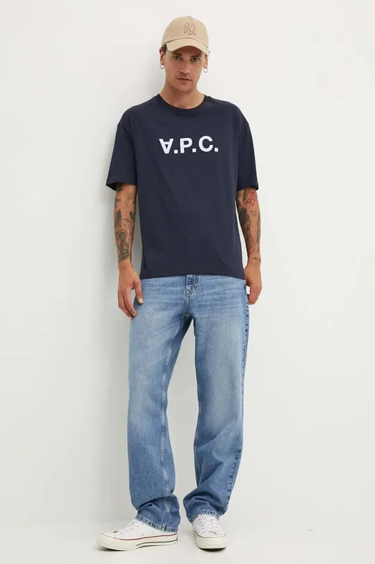 Βαμβακερό μπλουζάκι A.P.C. T-Shirt River σκούρο μπλε