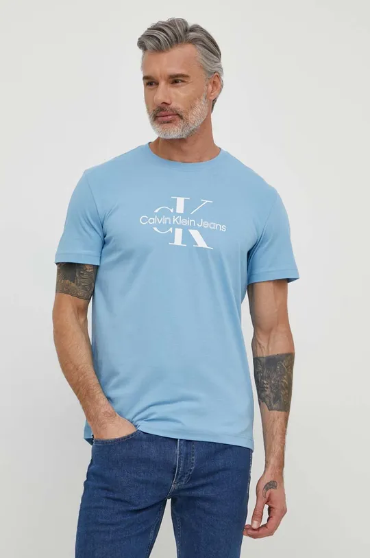 голубой Хлопковая футболка Calvin Klein Jeans