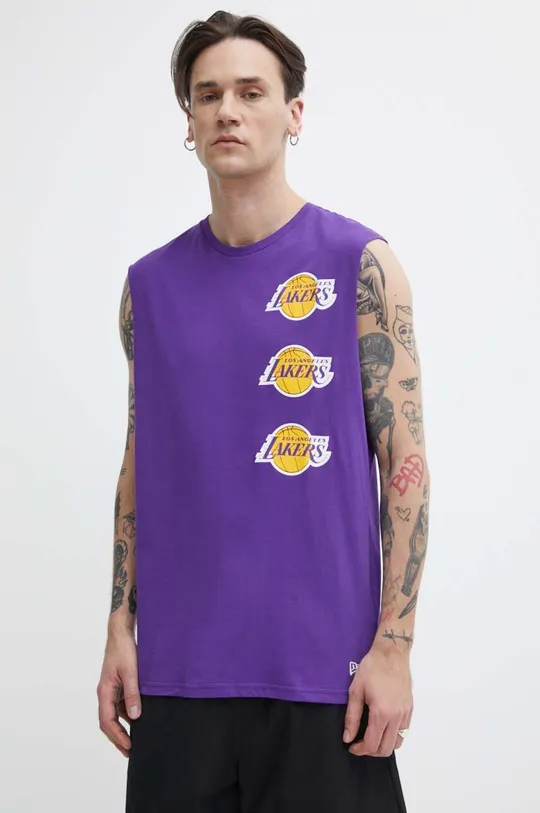 fioletowy New Era t-shirt bawełniany