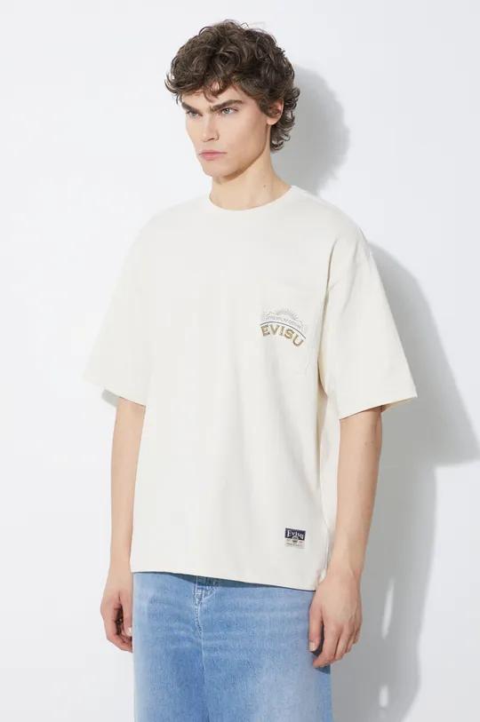 beżowy Evisu t-shirt bawełniany Kamon hotfix Tee