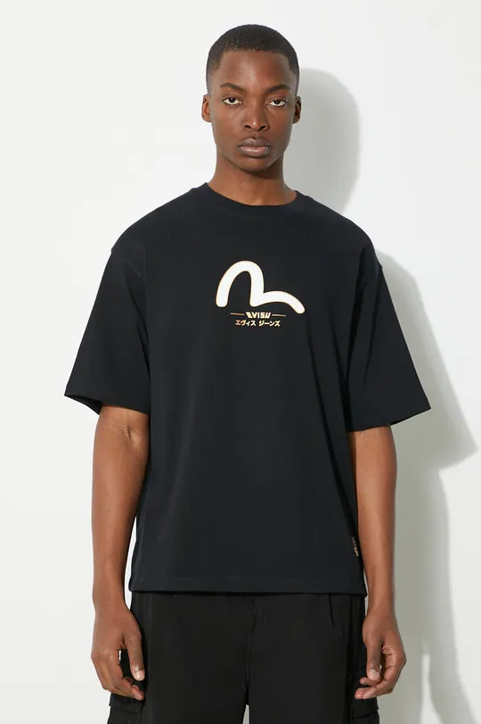 Βαμβακερό μπλουζάκι Evisu Seagull + Daicock & Kamon Gold print μαύρο