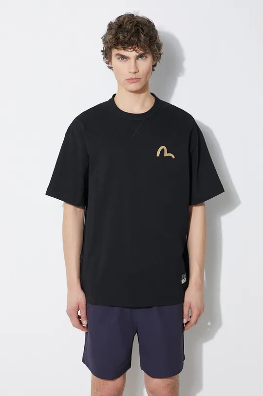 negru Evisu tricou din bumbac Seagull Print + Kamon Appliqué Tee De bărbați