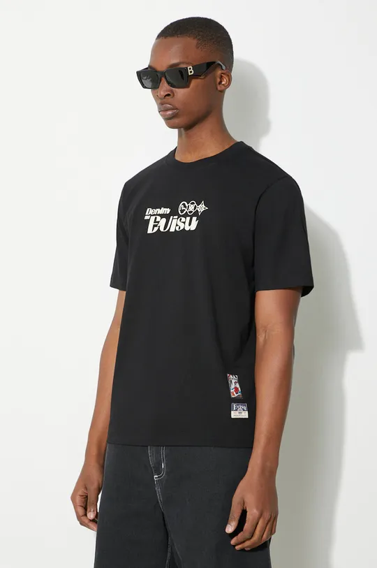 černá Bavlněné tričko Evisu Brush Daicock Printed