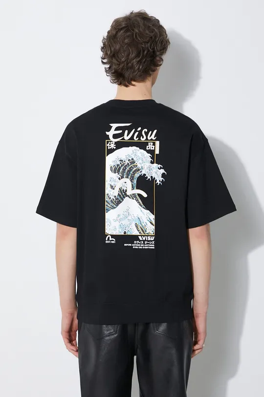 černá Bavlněné tričko Evisu Evisu & Wave Print SS Sweatshirt Pánský