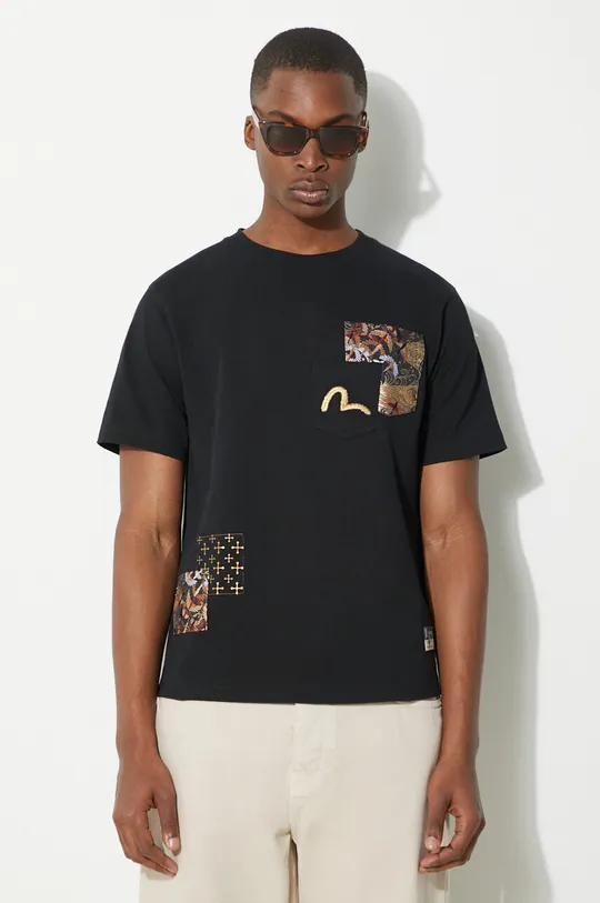 czarny Evisu t-shirt bawełniany Seagull Emb + Brocade Pocket Męski
