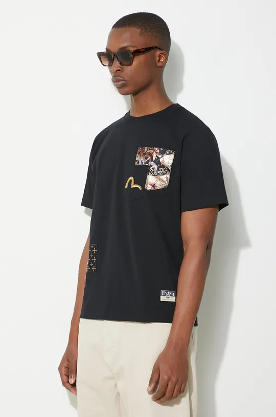 чорний Бавовняна футболка Evisu Seagull Emb + Brocade Pocket