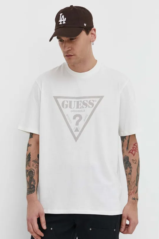 beżowy Guess Originals t-shirt bawełniany