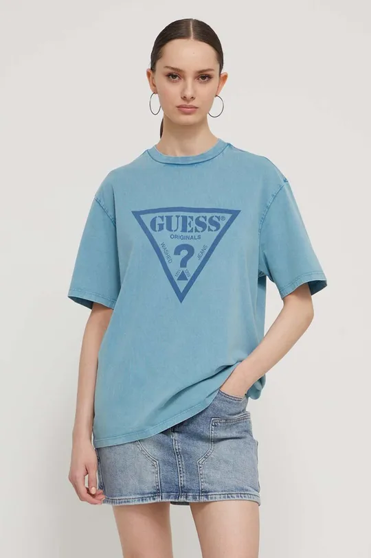 μπλε Βαμβακερό μπλουζάκι Guess Originals