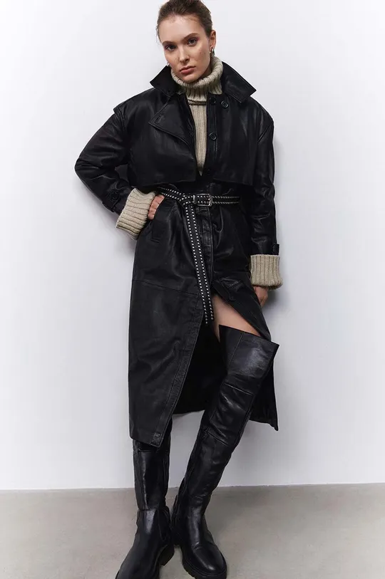 czarny Answear Lab płaszcz skórzany X kolekcja limitowana NO SHAME Damski
