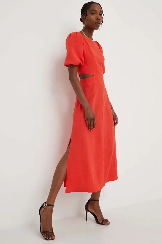 czerwony Answear Lab sukienka z lnem