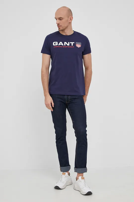 Βαμβακερό μπλουζάκι Gant σκούρο μπλε