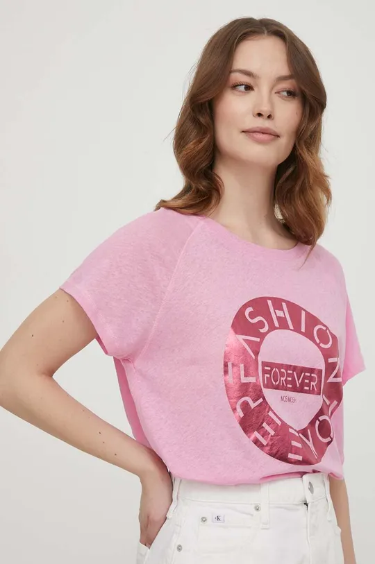 różowy Mos Mosh t-shirt z domieszką lnu