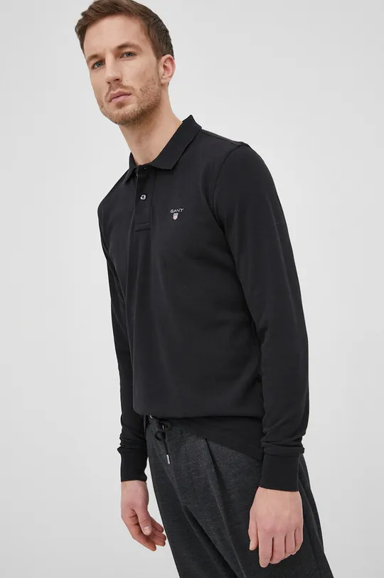 čierna Bavlnené tričko s dlhým rukávom Gant Pánsky