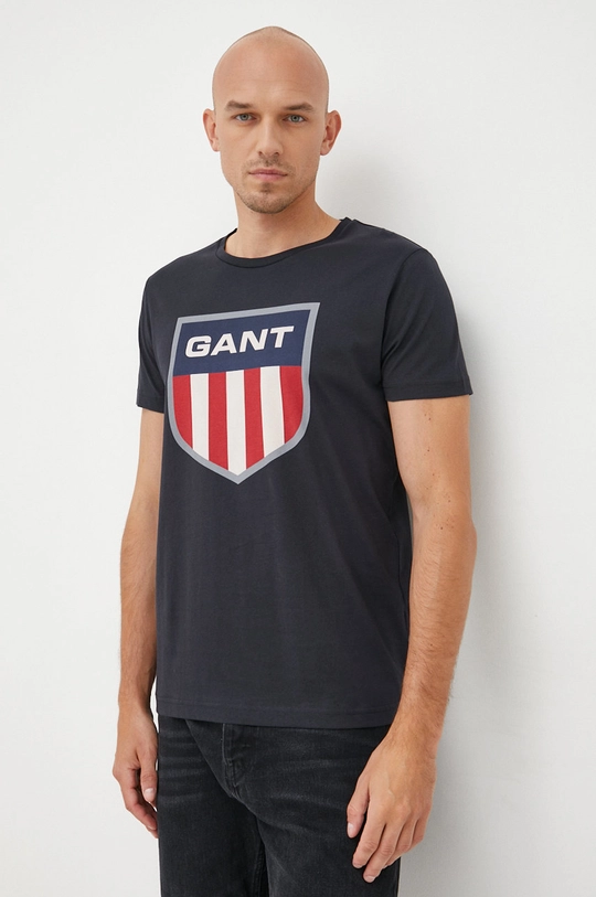 czarny Gant t-shirt bawełniany Męski