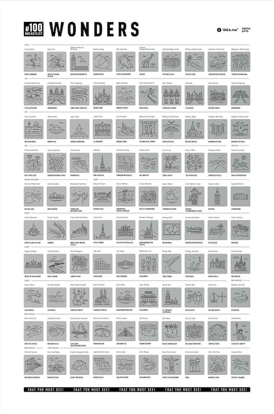 1DEA.me plakat zdrapka #100 BUCKETLIST Wonders Edition 100W biały