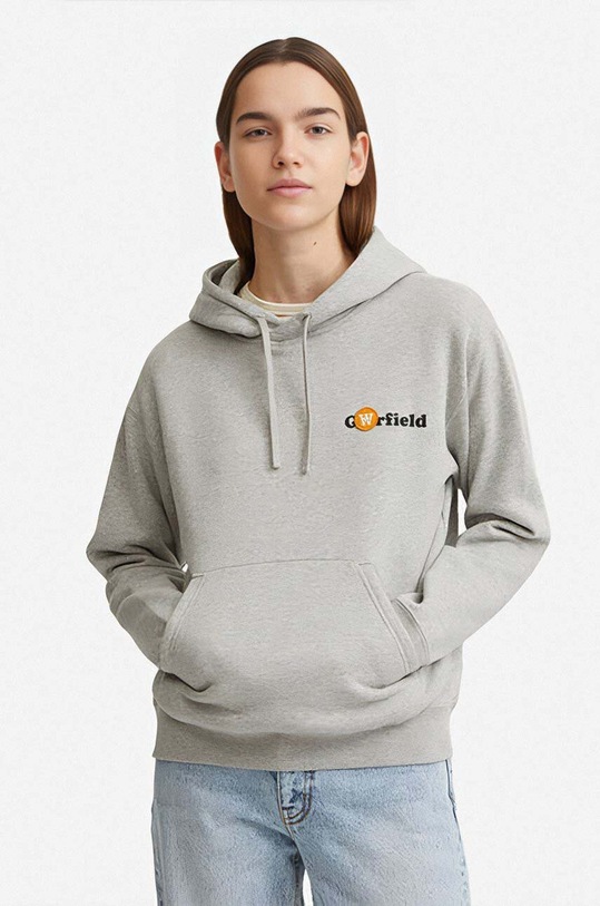 Bavlněná mikina Wood Wood X Garfield Jenn Hoodie Double Trouble 30042401-2424 GREY MELANGE s kapucí šedá 30042401.2424