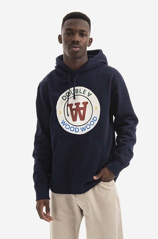 Wood Wood bluza bawełniana Ian Crest Hoodie nadruk granatowy 10285600.2424