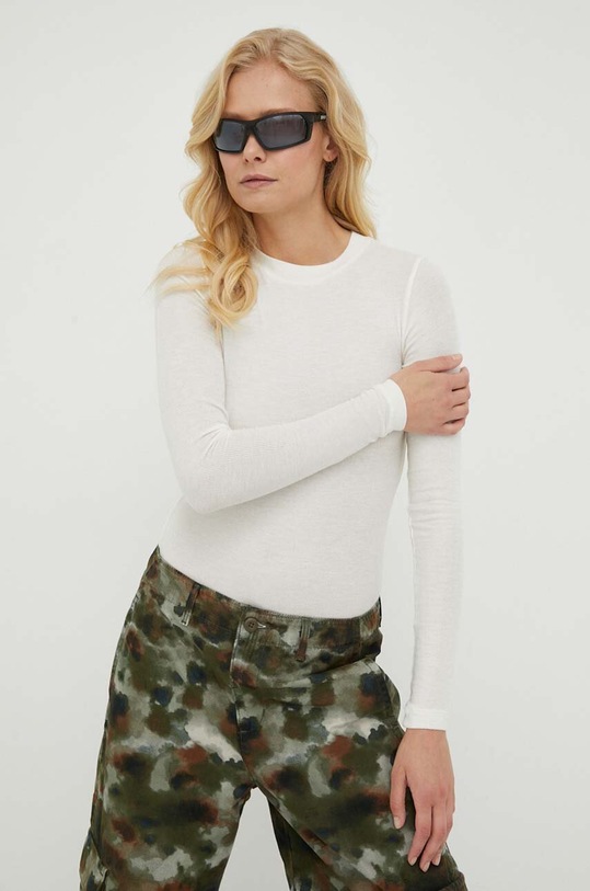 Bruuns Bazaar longsleeve z domieszką wełny z elastanem beżowy BBW1071N