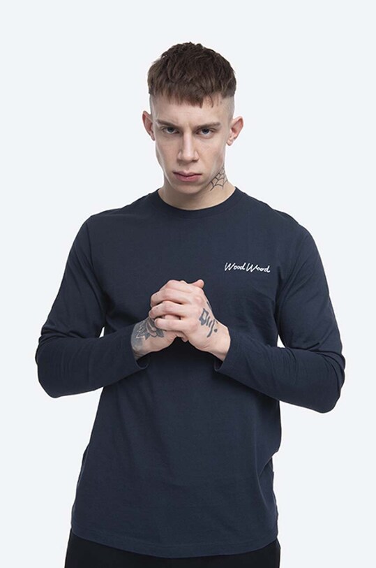 Βαμβακερή μπλούζα με μακριά μανίκια Wood Wood Peter Longsleeve σκούρο μπλε 12045402.2491