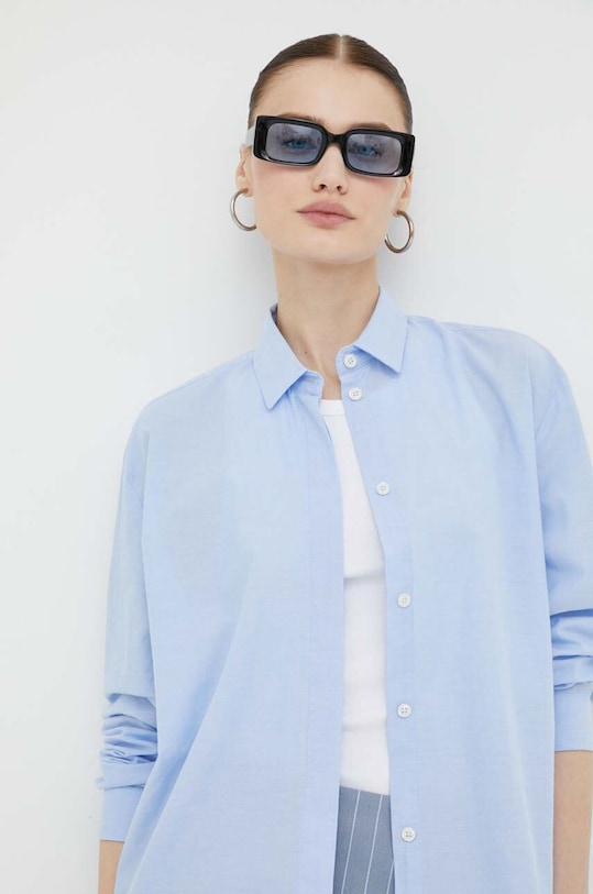 Bombažna srajca Samsoe Samsoe Dolg modra F00023075