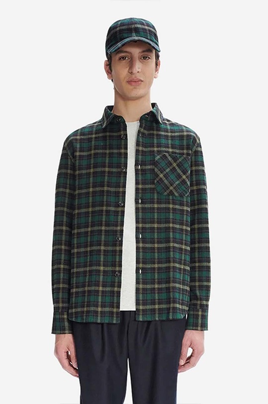 A.P.C. cămașă din lână Surchemise Trek lung verde COEZX.H02396