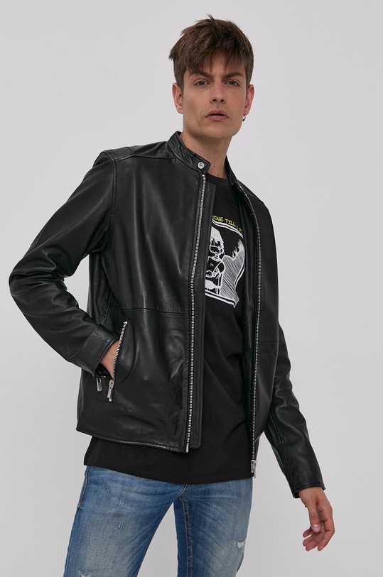 Kožená bunda Jack & Jones usňová koža čierna 12193268