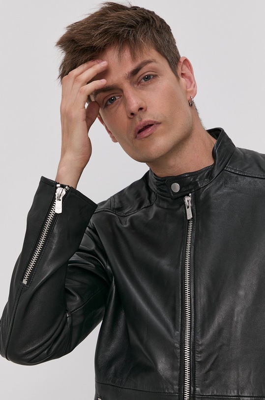 Kožená bunda Jack & Jones čierna 12193268