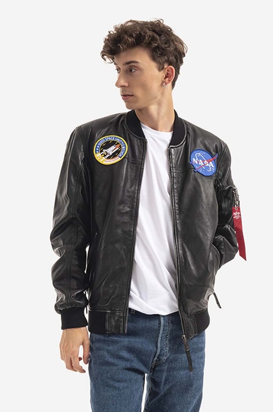 Alpha Industries kurtka bomber skórzana Ma-1 Lw Nasa Leather bez kaptura czarny 126151.03