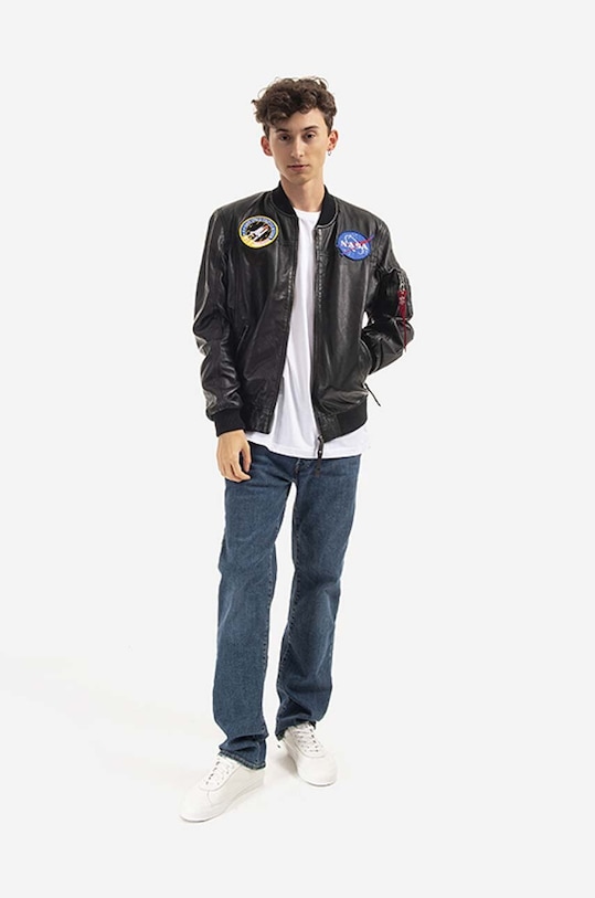 Alpha Industries kurtka bomber skórzana Ma-1 Lw Nasa Leather 126151.03 czarny AA00